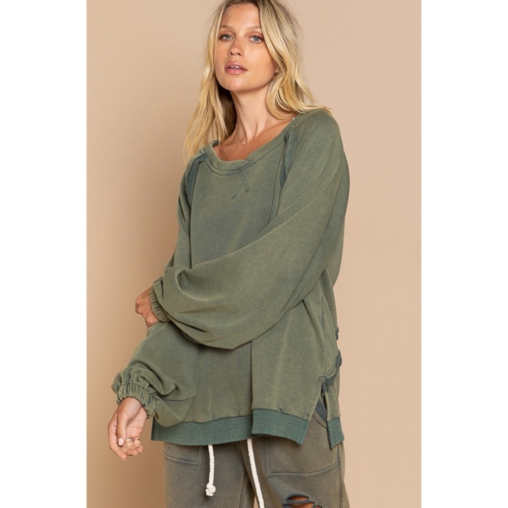 POL Olive Green Criss Cross Back Pullover | Vintage Wash French Terry Sweatshirt - Picture 8 of 11
